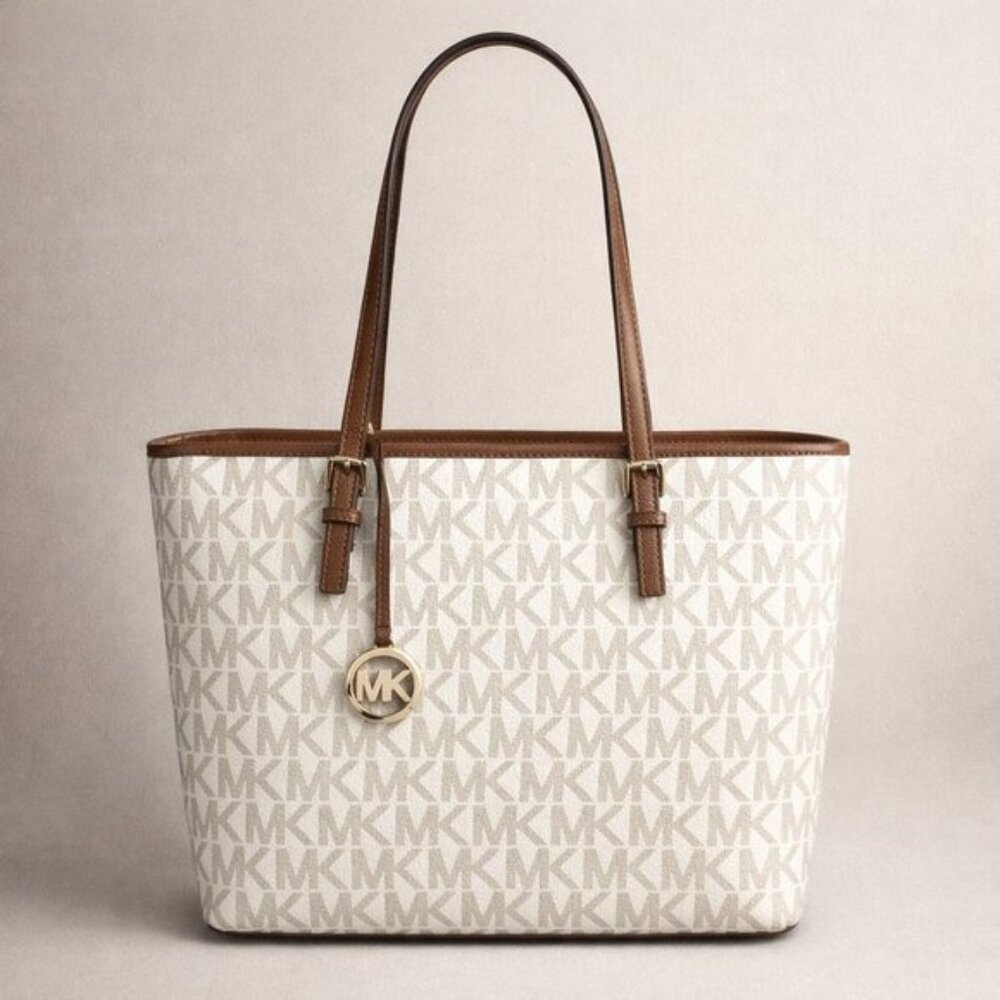 Michael Kors Jet Set Vanilla Luggage Tote Carry All Shoulder Handbag Logo Charm